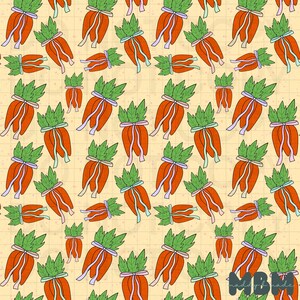 May include: A repeating pattern of orange carrots with green tops and pastel ribbons on a light yellow background. The carrots are arranged in a whimsical, cartoon-like style, creating a playful and cheerful design.