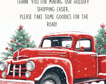 Puede incluir: Ilustración festiva con un camión rojo vintage en la nieve, rodeado de árboles de Navidad y regalos. El texto dice "DELIVERY DRIVERS" y agradece a los repartidores por facilitar las compras navideñas.