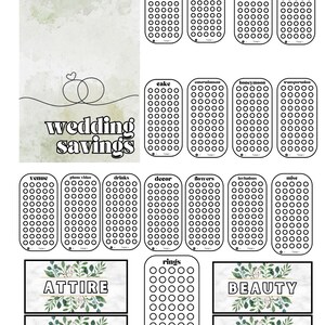 May include: A black and white wedding savings tracker with categories like attire, favors, and beauty. The design includes a watercolor background and floral accents. The text "wedding savings" is prominently displayed.