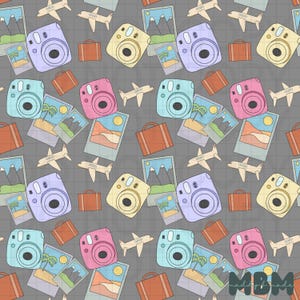 May include: A seamless pattern featuring a variety of travel-themed elements, including instant cameras in various colors, suitcases, airplanes, and photos of landscapes and palm trees. The background is a light gray with a subtle grid pattern.