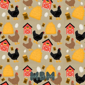 May include: A repeating pattern featuring illustrations of chickens, red barns, hay bales, eggs, and sacks of grain. The design includes black and brown chickens, red barns with white accents, and the text "maddy b made".