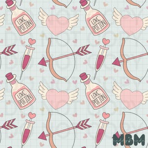 May include: A repeating pattern with Valentine's Day illustrations. The design includes pink winged hearts, bows and arrows, syringes with heart-shaped tips, and bottles labelled "Love Potion" on a light blue grid background.