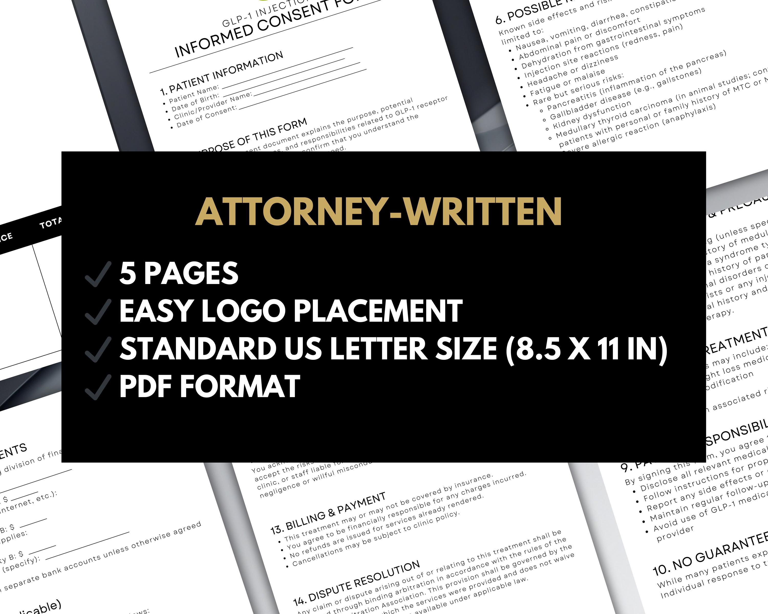 glp-1 attorney GLP-1 Weight Loss Injections Consent Form Template, Attorney-written, 10  Pages (canva Editable, PDF)