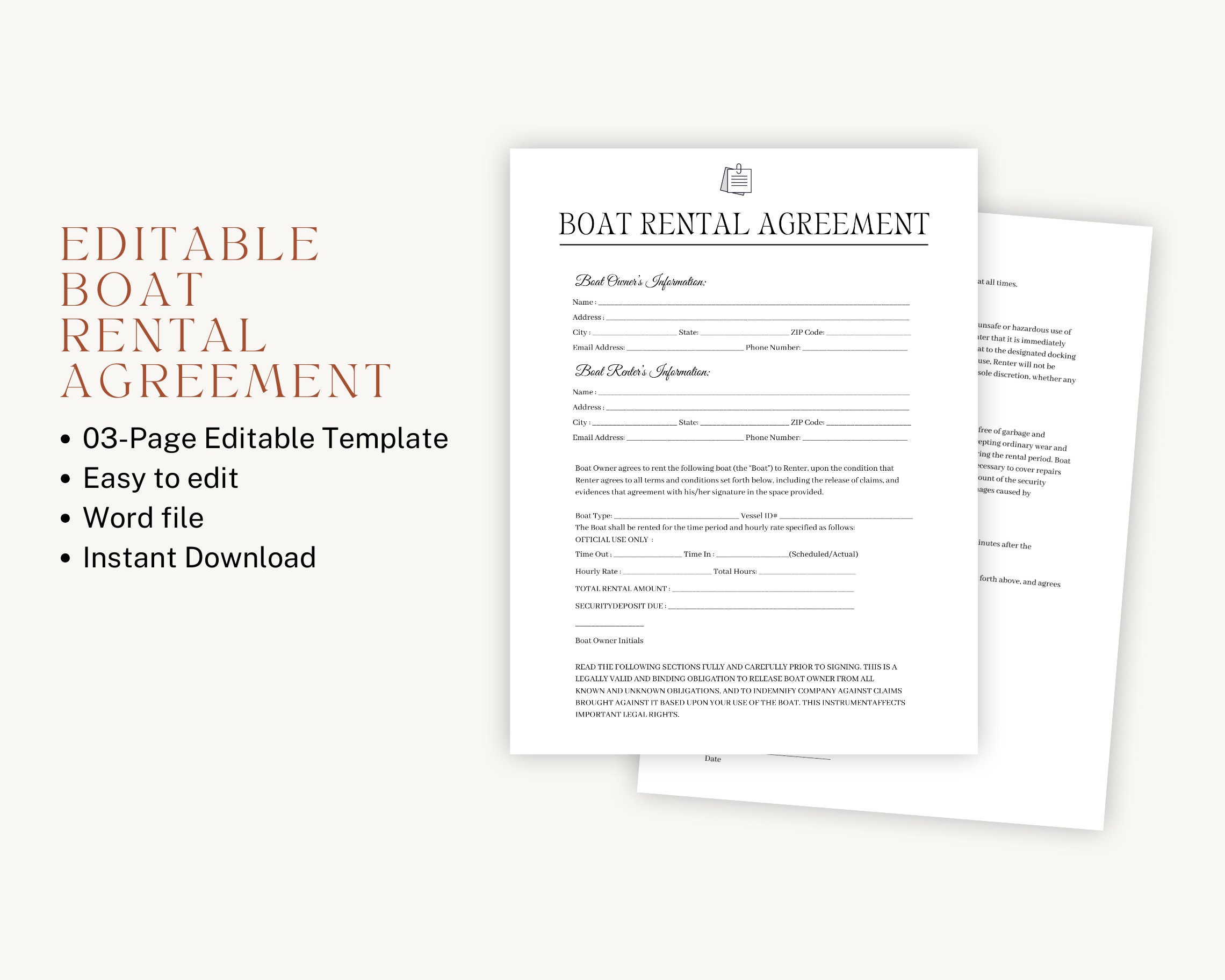 Editable Boat Rental Agreement Template, Contract Template, Rental Editable Boat Rental Agreement Template, Contract Template, Rental