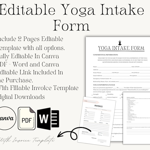 Yoga Therapy Consultation Form with Invoice Template Canva Template, Yoga Teacher Forms, Yoga Instructor Templates, Edıtable, Personalizable