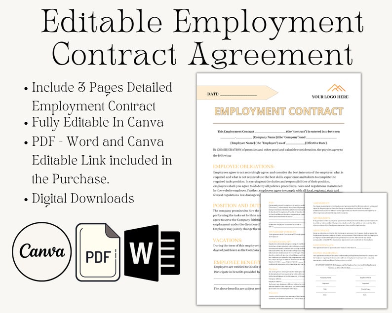 Editable Employment Contract Agreement Template, Employment Job Service