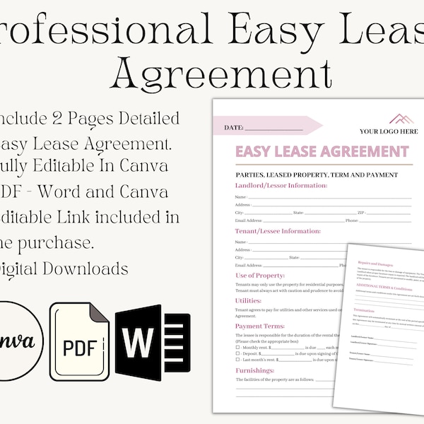 Editable Easy Lease Agreement Template, Rental Lease Contract Agreement, Canva Template, Rental Lease Form, Residential Lease, Word File,