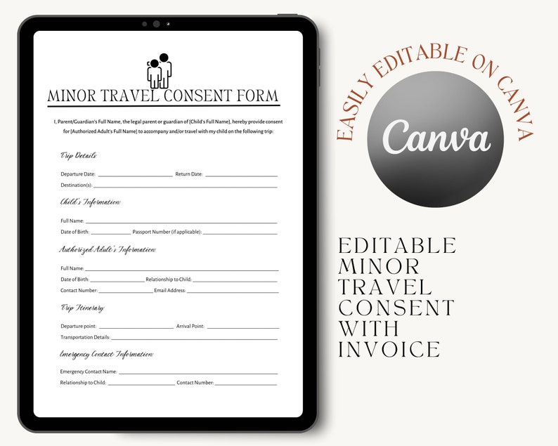 Editable Minor Travel Consent Form, Child Travel Authorization Form