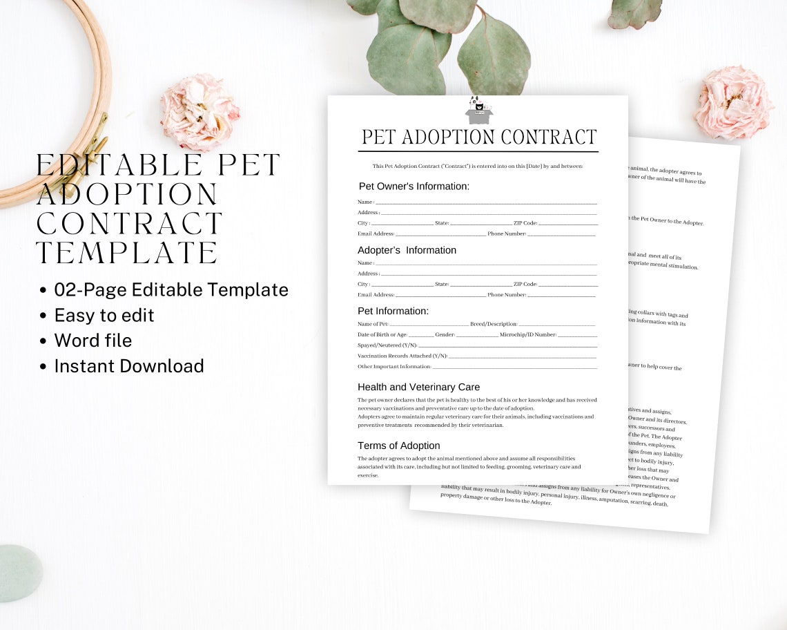 Editable Pet Adoption Contract, Puppy Adoption Form, Puppy Contract Editable Pet Adoption Contract, Puppy Adoption Form, Puppy Contract