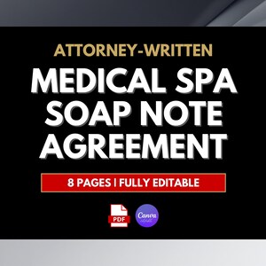 May include: A black background with white text that reads "ATTORNEY-WRITTEN MEDICAL SPA SOAP NOTE AGREEMENT." A red rectangle at the bottom says "8 PAGES I FULLY EDITABLE." PDF and Canva logos are also present.