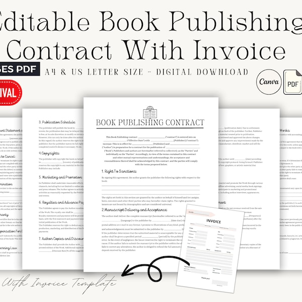 Editable Book Publishing Contract Template, Book Publishing Agreement Form, Author-Publisher Contract, Publishing Services Agreement, Canva