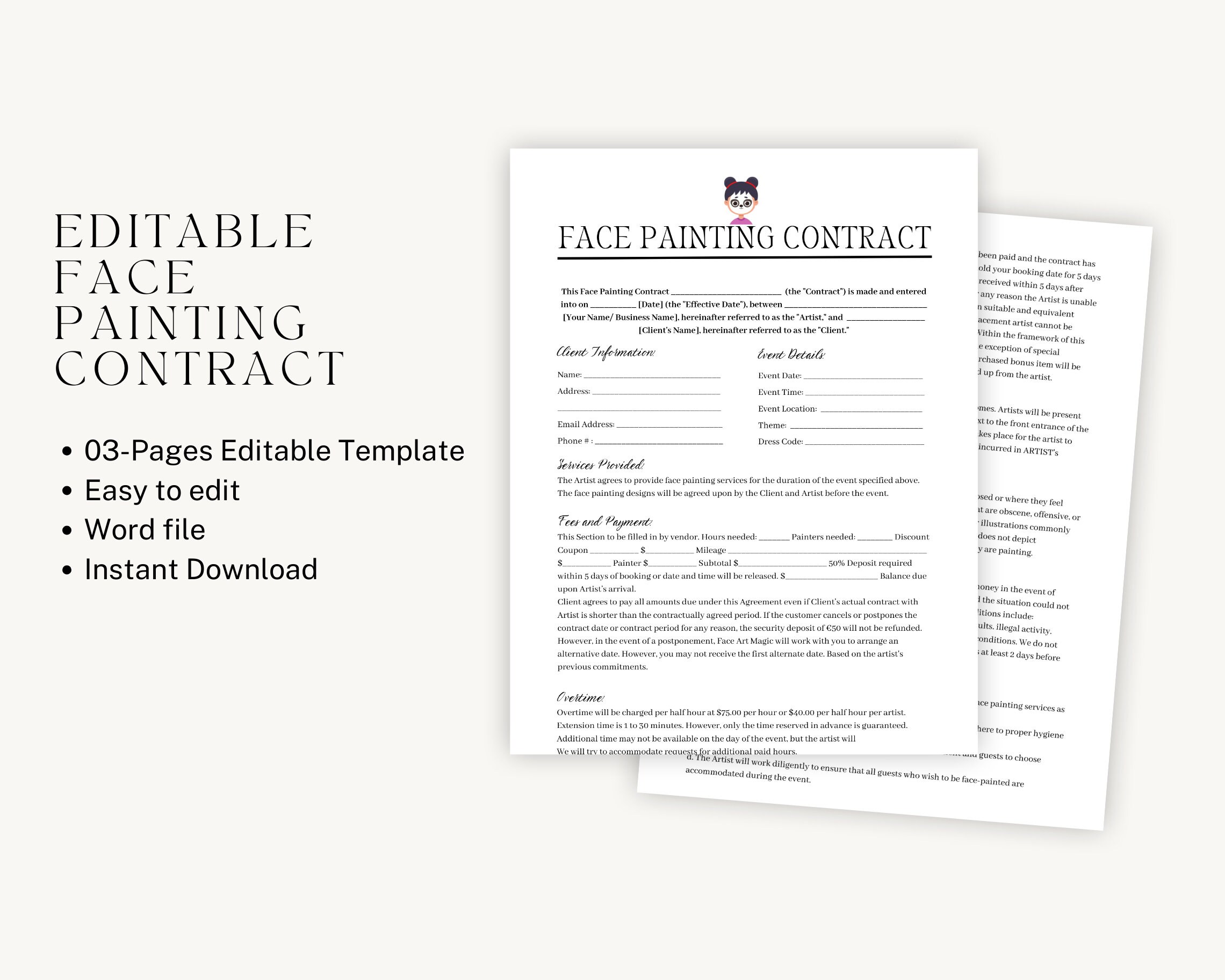 Editable Face Painting Contract Template, Event Face Painter Intake
