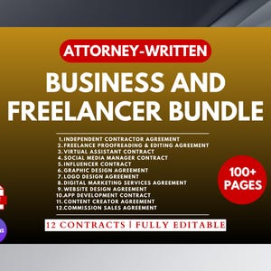 Może przedstawiać: Cyfrowy pakiet produktów z tekstem "ATTORNEY-WRITTEN BUSINESS AND FREELANCER BUNDLE". Pakiet zawiera 12 umów, takich jak umowa o pracę dla niezależnych wykonawców i umowa o projektowanie stron internetowych. Produkt jest w pełni edytowalny i zawiera ponad 100 stron.