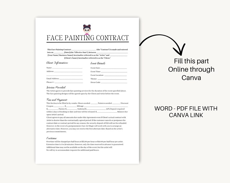 Editable Face Painting Contract Template, Event Face Painter Intake