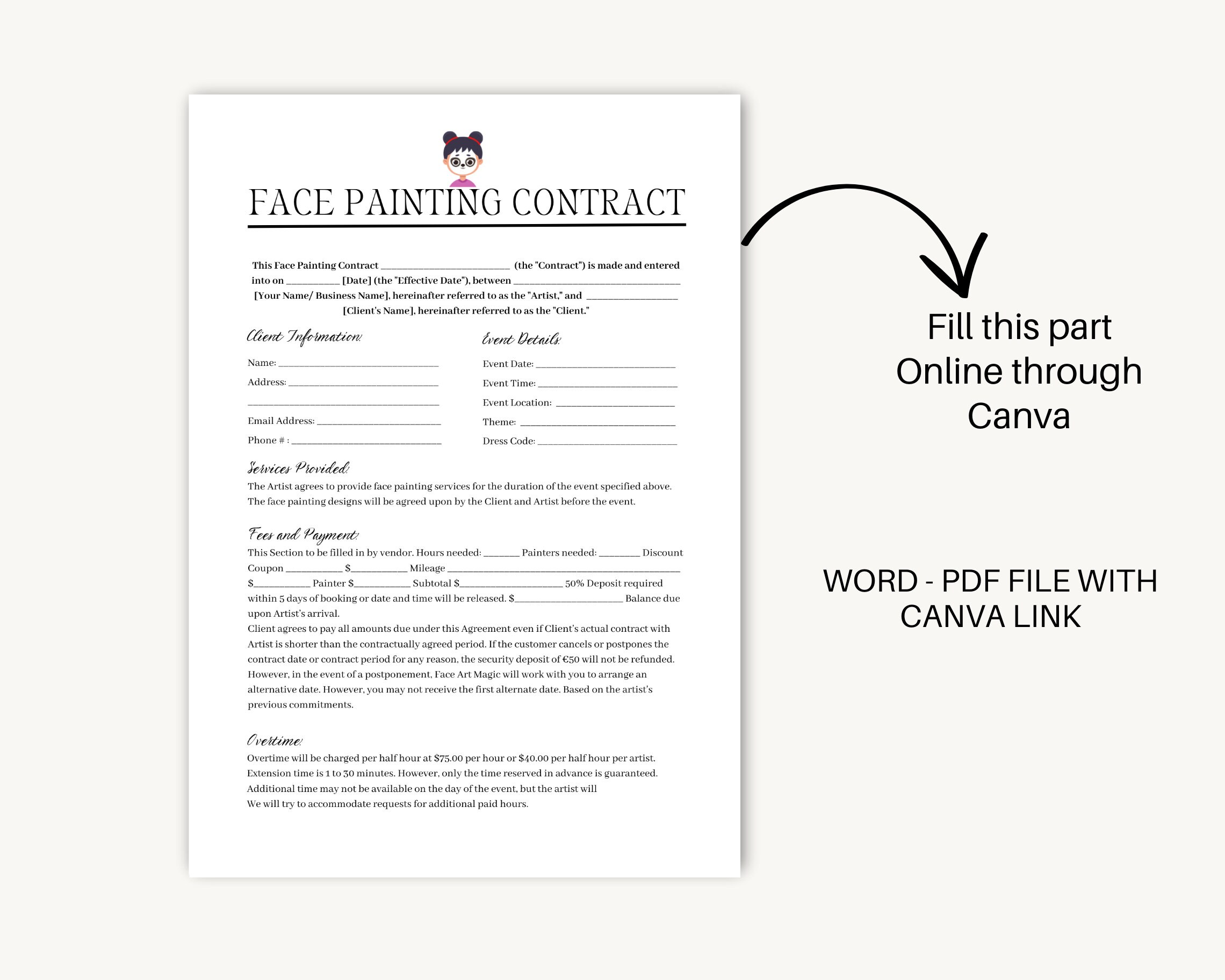 Editable Face Painting Contract Template, Event Face Painter Intake