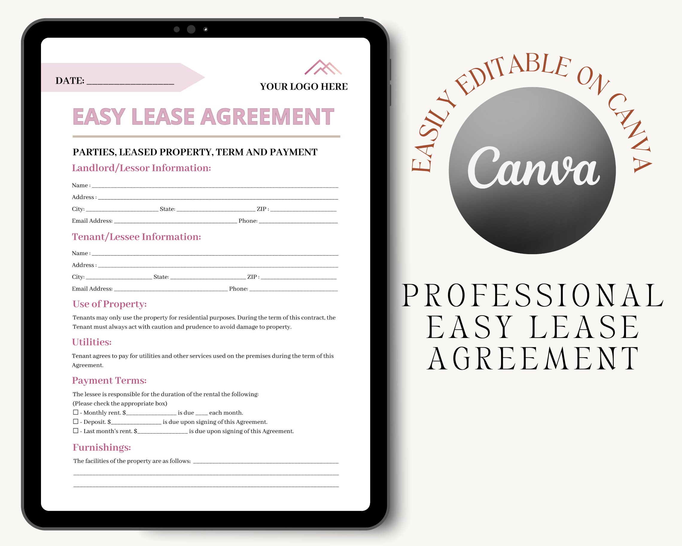 Editable Easy Lease Agreement Template, Rental Lease Contract Agreement