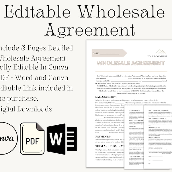 Editable Wholesale Agreement, Wholesale Contract Template, Wholesale Business Template, Wholesale Purchase Agreement Canva Template Word PDF
