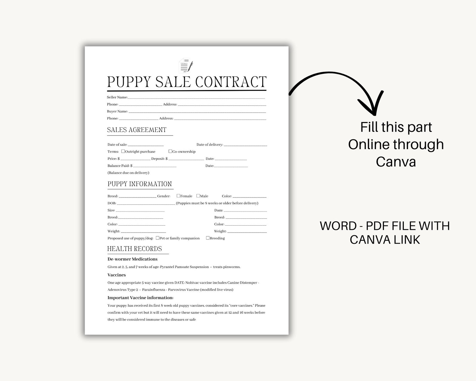 Editable Puppy Sales Contract Pritable, Puppy Deposit Contract, Puppy
