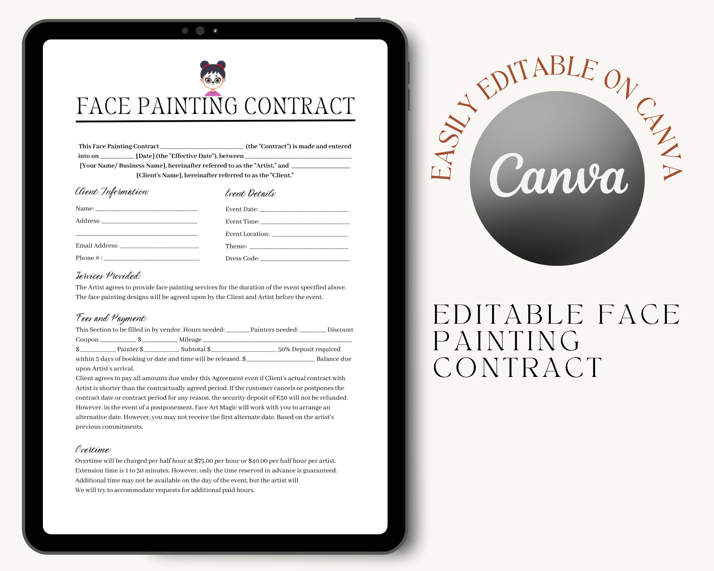 Editable Face Painting Contract Template, Event Face Painter Intake