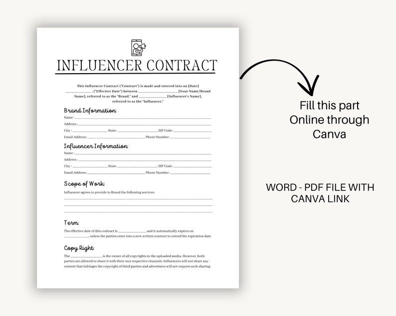 Editable and Printable Social Media Influencer Contract Template Editable and Printable Social Media Influencer Contract Template