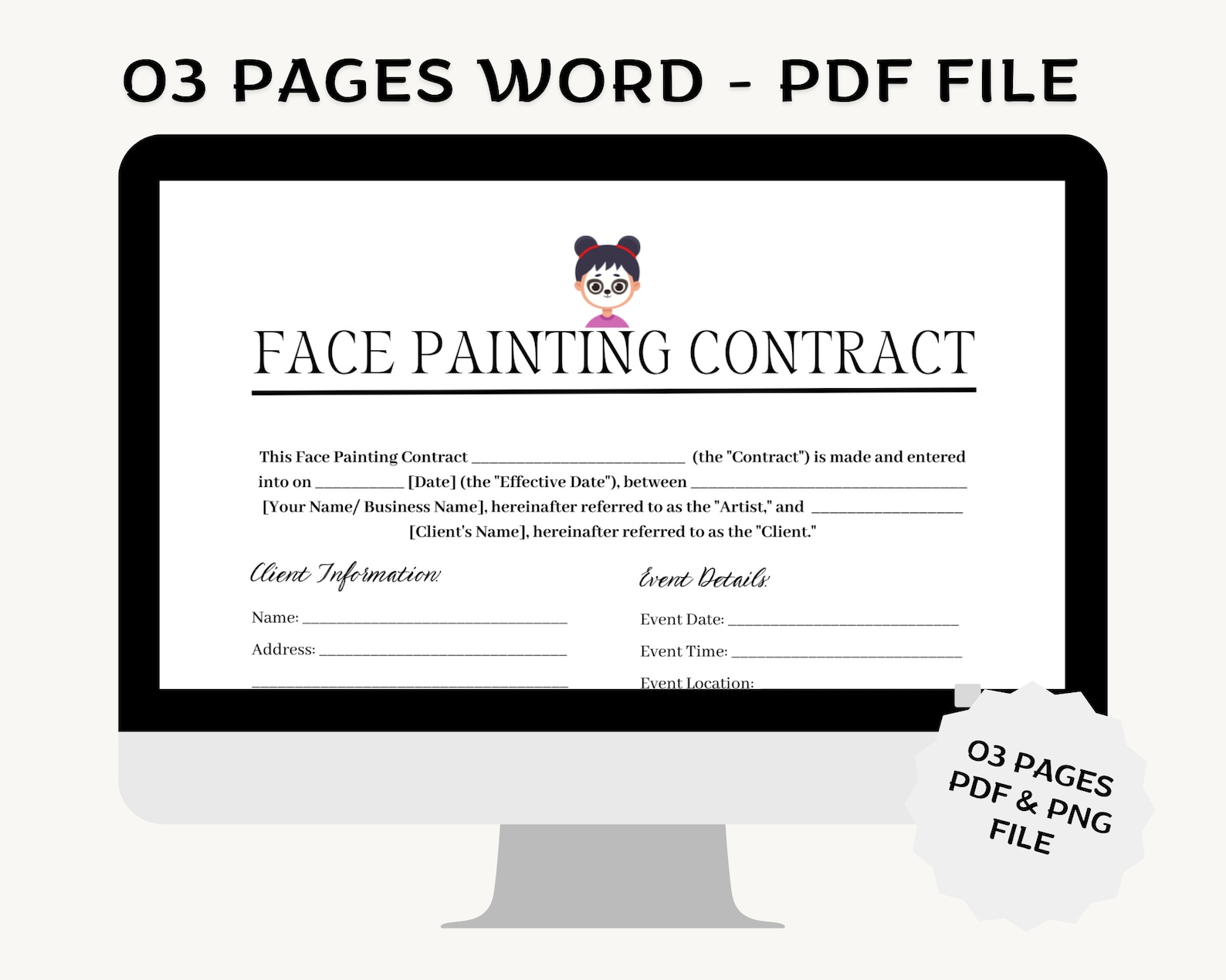 Editable Face Painting Contract Template, Event Face Painter Intake
