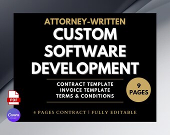 Sjabloon voor aangepaste softwareontwikkelingsovereenkomst, geschreven door advocaten, 9 pagina's (canva bewerkbaar, pdf)
