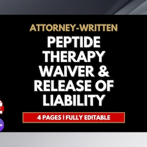 Könnte beinhalten: Eine schwarze Grafik mit weißem Text, der lautet: „ATTORNEY-WRITTEN PEPTIDE THERAPY WAIVER & RELEASE OF LIABILITY“. Ein rotes Rechteck unten besagt „4 PAGES | FULLY EDITABLE“. Ein PDF-Symbol und ein Canva-Logo befinden sich in der unteren linken Ecke.