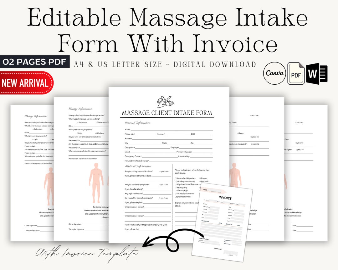 Professional Massage Intake Form, Massage Consent Form, Massage