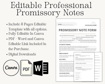 Editable Promissory Note Form, Promissory Note Templates, Obsolete Promissory, Canva Template, Word File, Agreement Contract Template