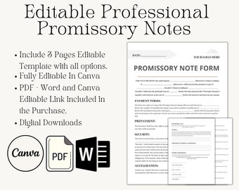 Formulaire de billet à ordre modifiable, modèles de billet à ordre, obsolète promissoire, modèle Canva, fichier Word, modèle de contrat d'accord