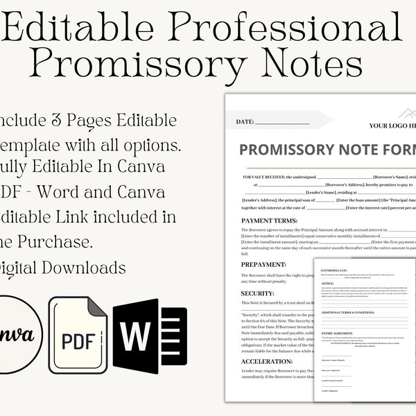 Editable Promissory Note Form, Promissory Note Templates, Obsolete Promissory, Canva Template, Word File, Agreement Contract Template