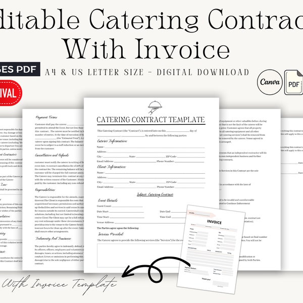 Editable Catering Contract Template, Catering Order Form, Catering Service Agreement, Invoice Template, Contract Agreement, Canva editable