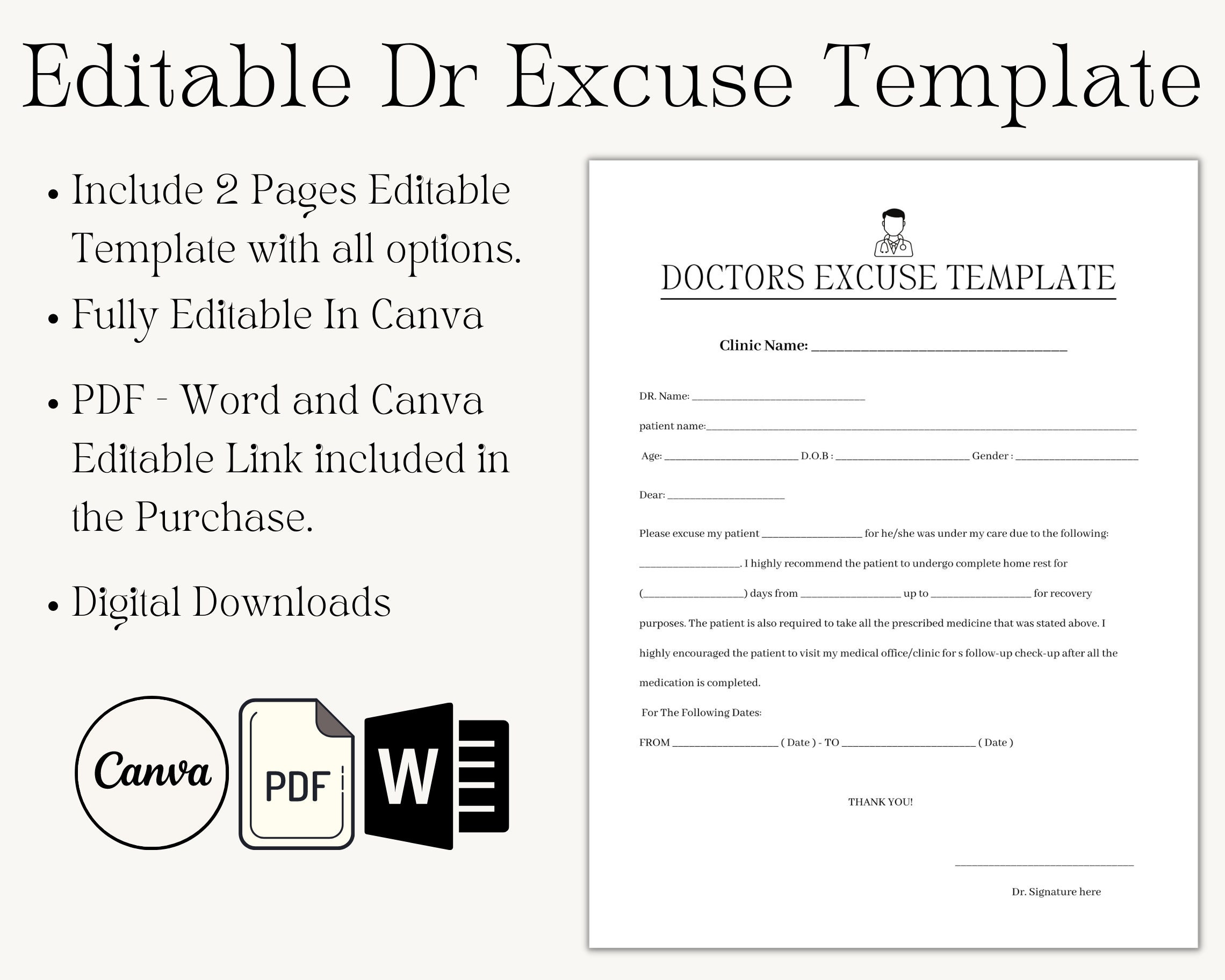 Editable Doctor Excuse Note, Fake Doctors Note, School Excuse Note