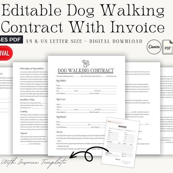 Dog Walking Service Agreement/Contract Template, Editable & Printable Dog Walking Business New Client Intake Form, Invoice, CANVA