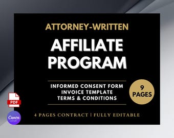 Affiliate Program Agreement Template, Attorney-Written, 9 Pages (Canva Editable, PDF)