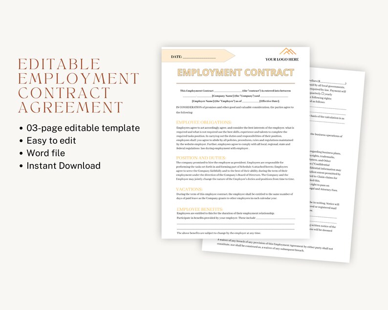 Editable Employment Contract Agreement Template, Employment Job Service