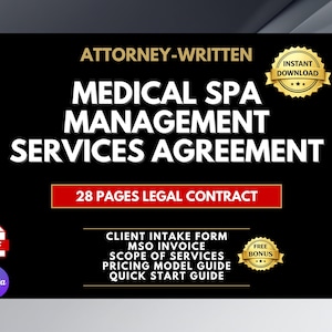 Puede incluir: Gráfico negro con texto blanco: "ACUERDO DE SERVICIOS DE GESTIÓN DE SPA MÉDICO ESCRITO POR ABOGADO". Incluye "CONTRATO LEGAL DE 28 PÁGINAS" en un cuadro rojo. Texto adicional: "FORMULARIO DE ADMISIÓN DEL CLIENTE" y insignias "BONO GRATUITO".