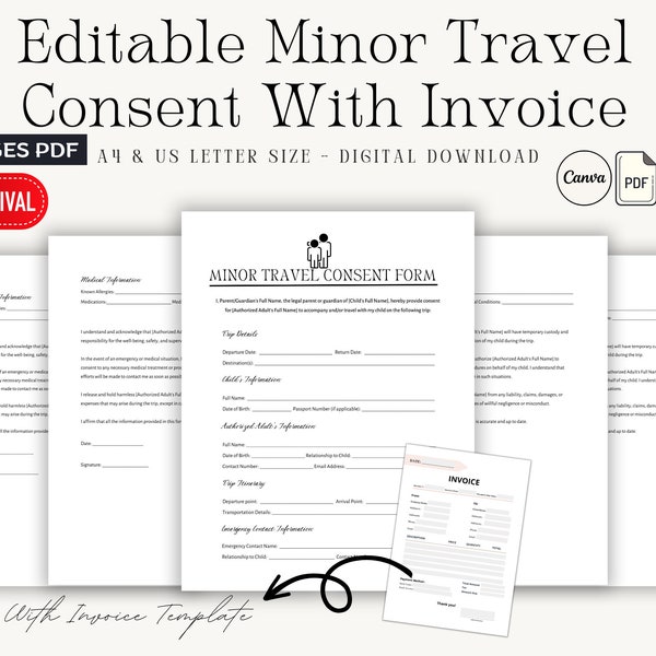 Editable Minor Travel Consent Form, Child Travel Authorization Form, Legal Template, Canva Editable, Child Travel Permission Form