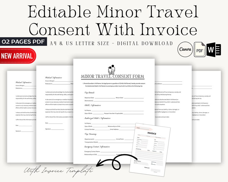 Editable Minor Travel Consent Form, Child Travel Authorization Form