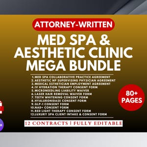 Może przedstawiać: Grafika cyfrowa z tekstem "ATTORNEY-WRITTEN MED SPA & AESTHETIC CLINIC MEGA BUNDLE". Obraz zawiera 12 umów, w tym formularze zgody i umowy, z ponad 80 stronami. Projekt zawiera ikonę PDF i logo Canva.