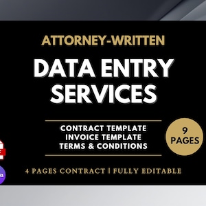 Può includere: Grafica nera con testo dorato che recita "ATTORNEY-WRITTEN DATA ENTRY SERVICES". Include modelli di contratto, fattura e termini. Il documento è di 9 pagine ed è completamente modificabile in Canva.
