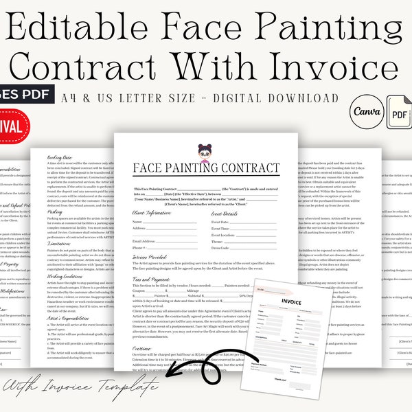 Editable Face Painting Contract Template, Event Face Painter Intake Form, Face Painting Service Agreement, Invoice Template, Canva editable