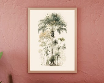 Weelderige palmprint, weelderige palmmuurkunst, weelderige palmposter, weelderige palmfoto | Vintage aquareltekening, digitale print