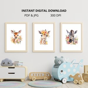 Set of 3 Watercolor Printable Safari Animals - Nursery Wall Art for Boys & Girls, Baby Animal Images, Jungle Safari Kids Room Decor