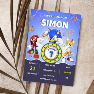 Convite de aniversário do Sonic editável - Cartão de festa digital do ouriço - Modelo personalizado do Canva para crianças