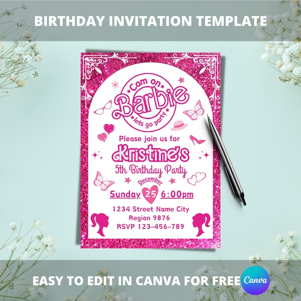 Pink Sparkle Birthday Invitation Doll Invitation template Princess Themed Decor Girl Party Invite Girl's Editable Invite Printable Card