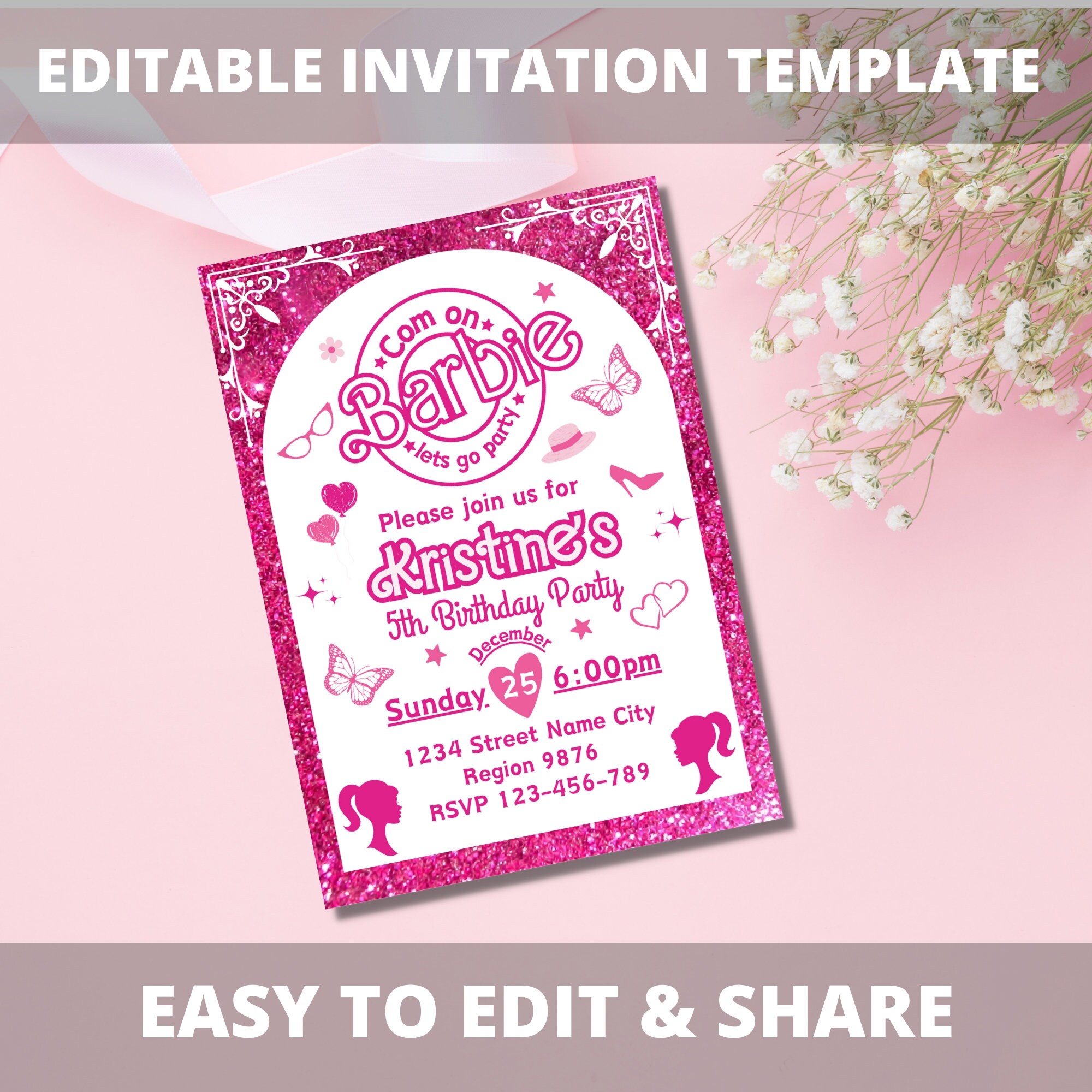Pink Sparkle Birthday Invitation Doll Invitation Template Princess ...