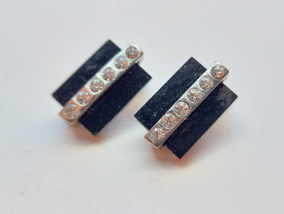 Art Deco Geometric 1940s Clip On Earrings Black w… - image 2
