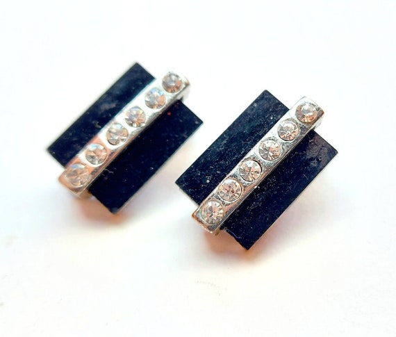 Art Deco Geometric 1940s Clip On Earrings Black w… - image 1