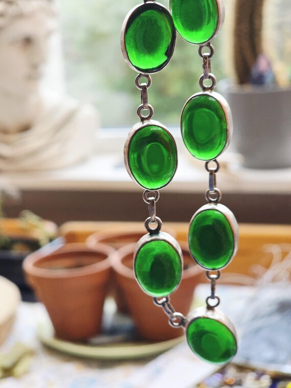 Collier Vintage Filigrane Argent Avec Cabochon Vert Aventurine - Occasion Très Bon état
